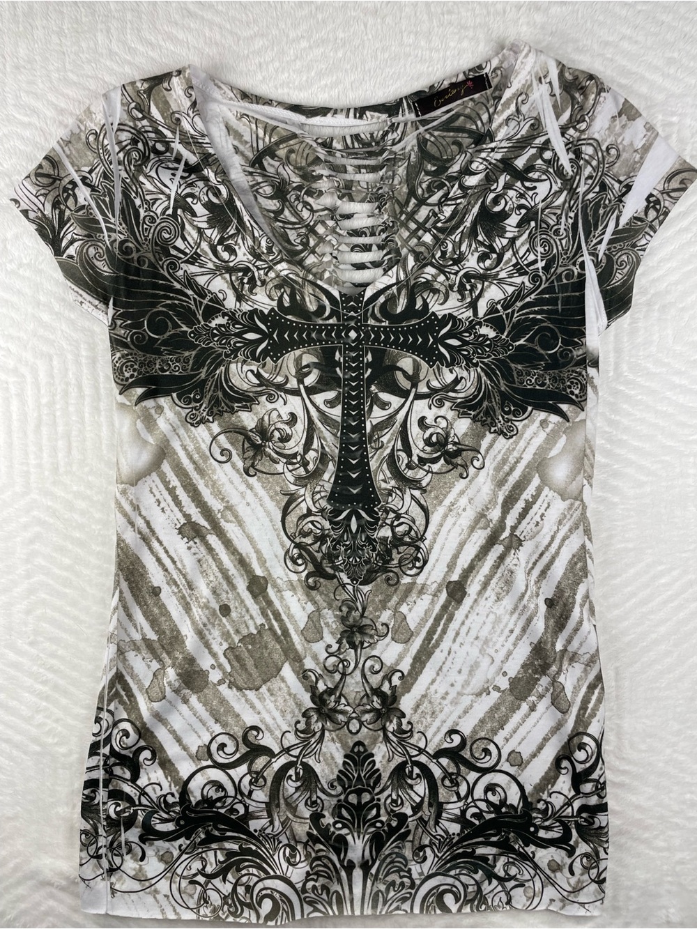 Y2K grunge goth lace up cross graphic Tee